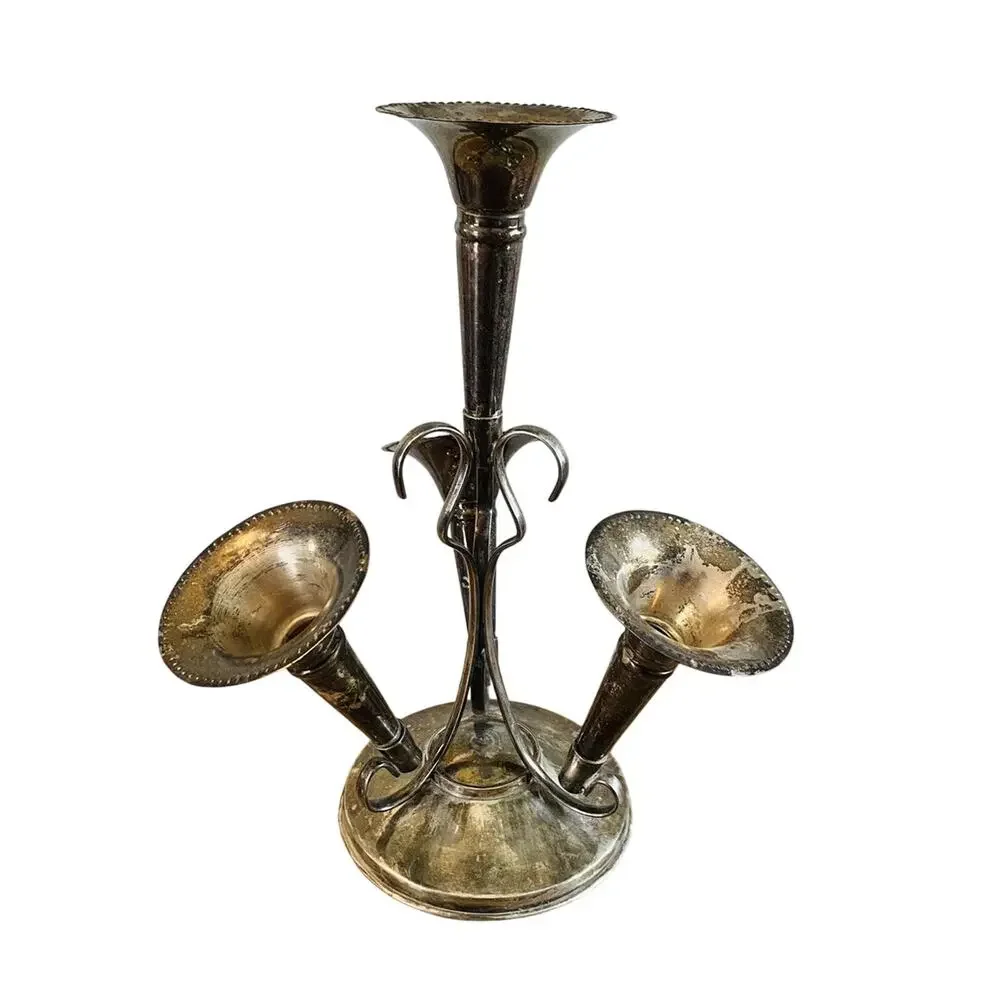Antique Victorian Silverplate Epergne Centerpiece 4 Trumpet Vase Holder 12